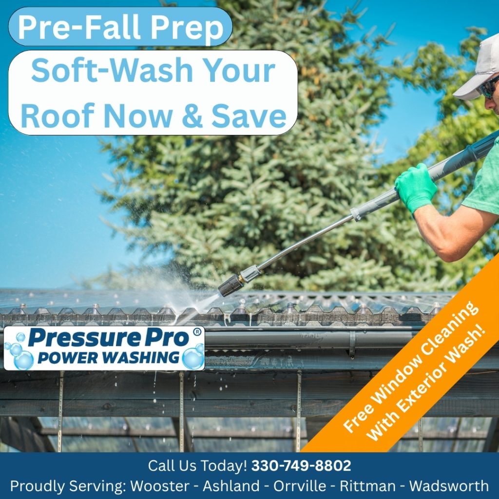 A person wearing green gloves cleans a roof with a pressure washer, surrounded by trees and a clear blue sky. Text elements promote a pre-fall soft wash service and a free window cleaning offer.